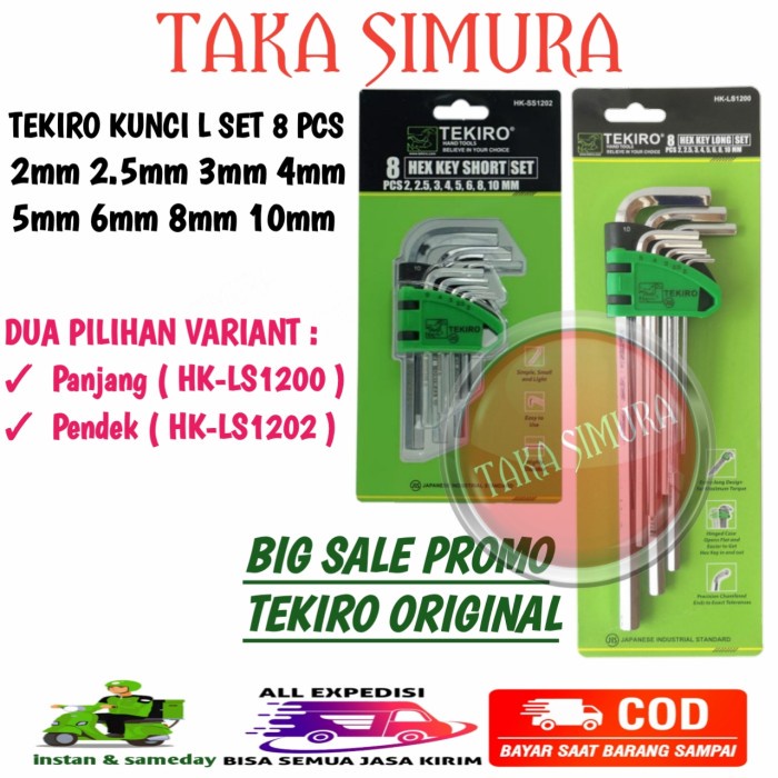 Kunci L Set Panjang Tekiro 8 Pcs Hk-Ls1200 / Pendek Hk-Ls1202 Original