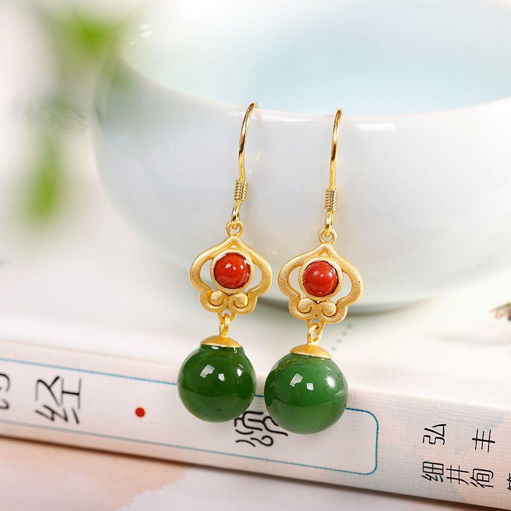 Mxbeauty Anting Wanita Warna Solid Retro Pesta Fashion Desain Manik Hijau Lady Menjuntai Earrings