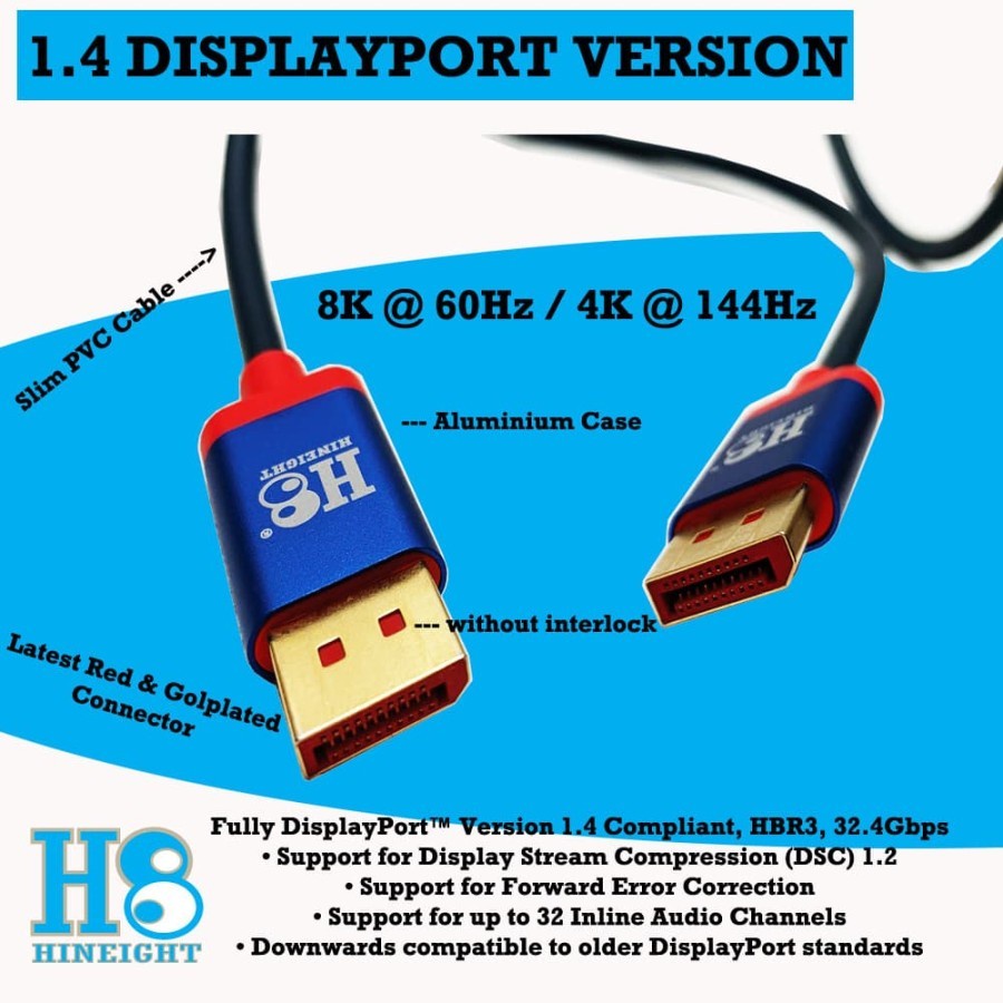 Kabel Displayort Versi 1.4 8Kx4K @ 60Hz 2 Meter Braided - H8-DP14VA2B