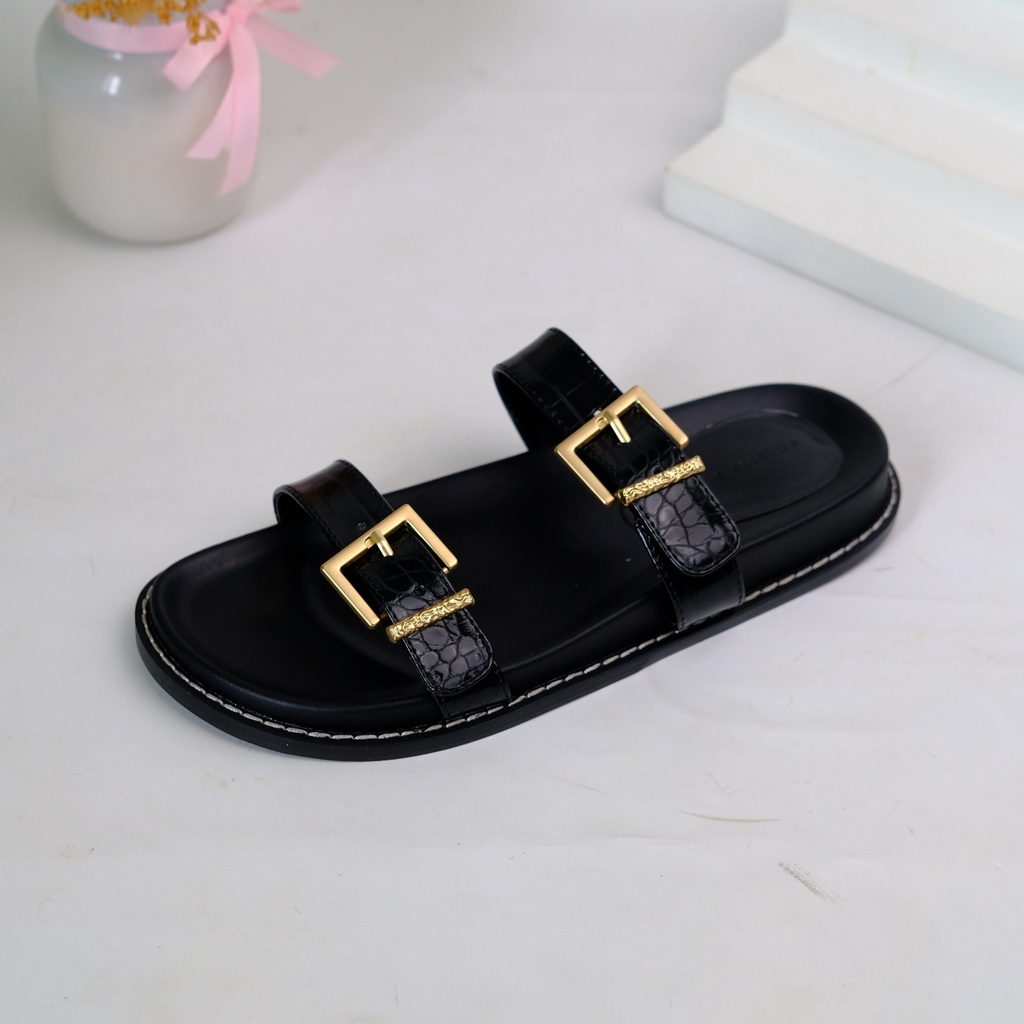 [7.7 Boombastis Sale⚡] - SANDAL WANITA CKS426 CK DOUBLE BUCKLE FLAT SANDAL PREMIUM IMPORT