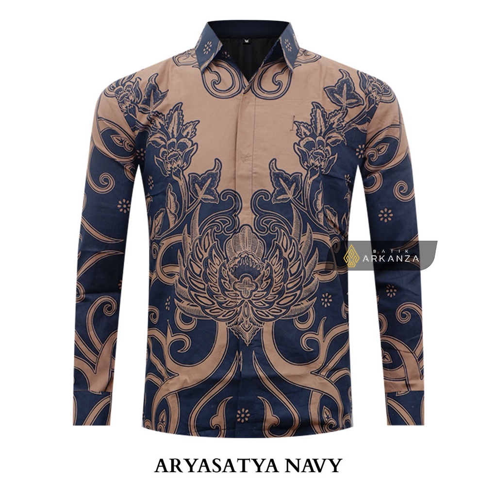 BATIK ARKANZA Motif ARYASATYA NAVY Hem Atasan Kemeja Baju Batik Pria Cowok Laki Laki Slimfit Full Lapis Furing Lengan Panjang