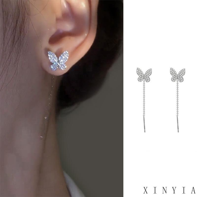 【Bayar di tempat】Mode kecenderungan Korea Selatan Butterfly Anting Rumbai Panjang Desain Kupu-Kupu Aksen Berlian Untuk Wanita