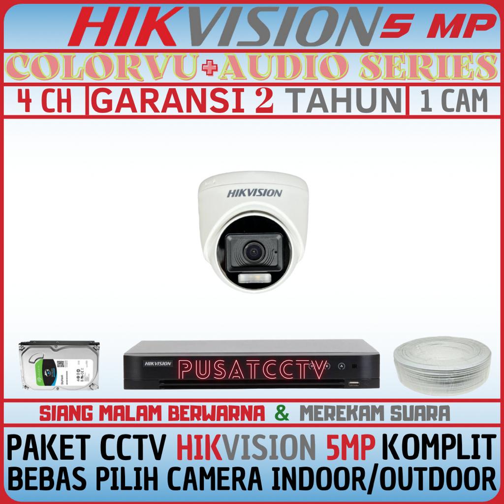 PAKET CCTV HIKVISION 5MP 4 CHANNEL 1 CAMERA TURBO HD KOMPLIT SIANG MALAM BERWARNA DAN REKAM SUARA