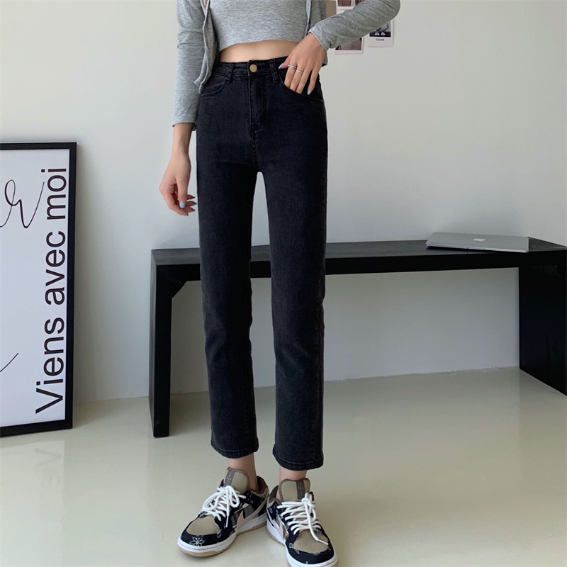 New 9/10 hitam korean style stretch jeans pants high straigh import