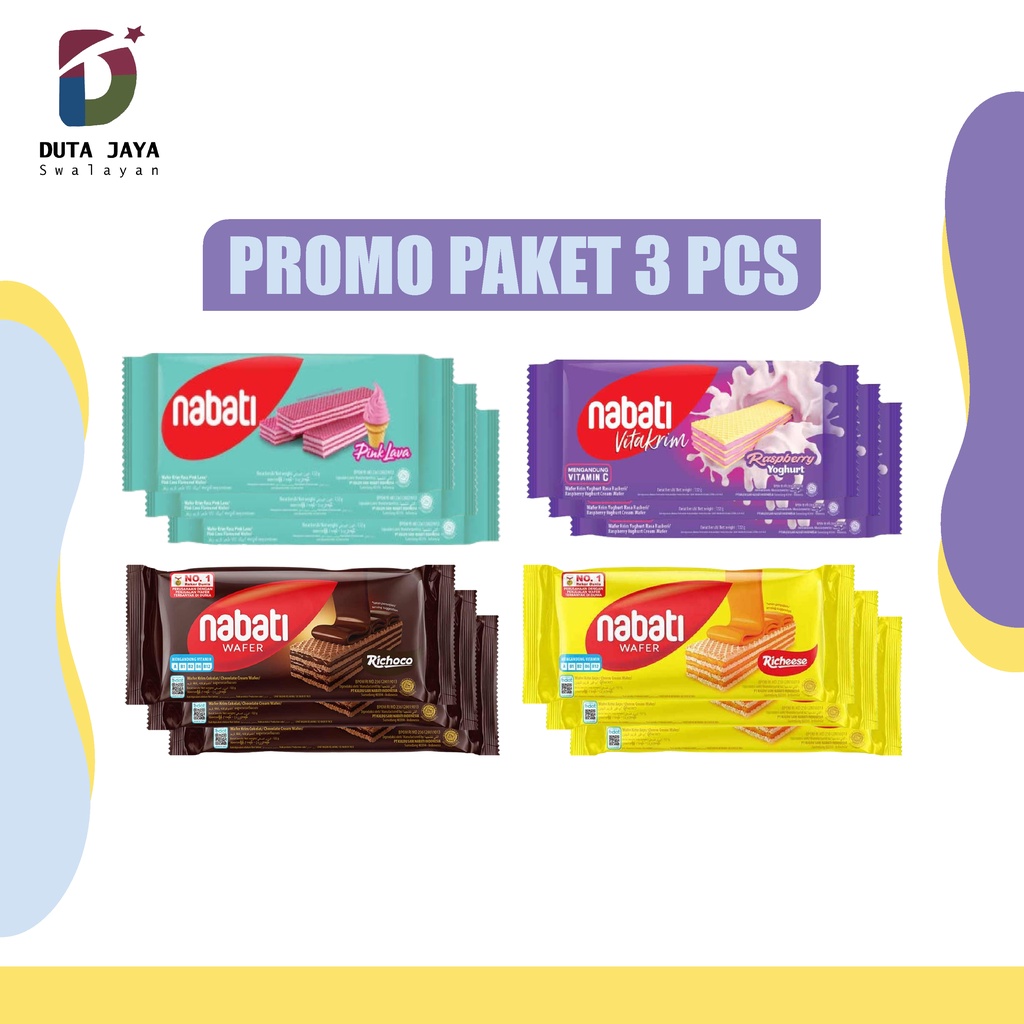 Nabati Wafer Paket Isi 3 Pcs Richeese Keju, Richoco Cokelat, Pink Lava, Raspberry Yoghurt