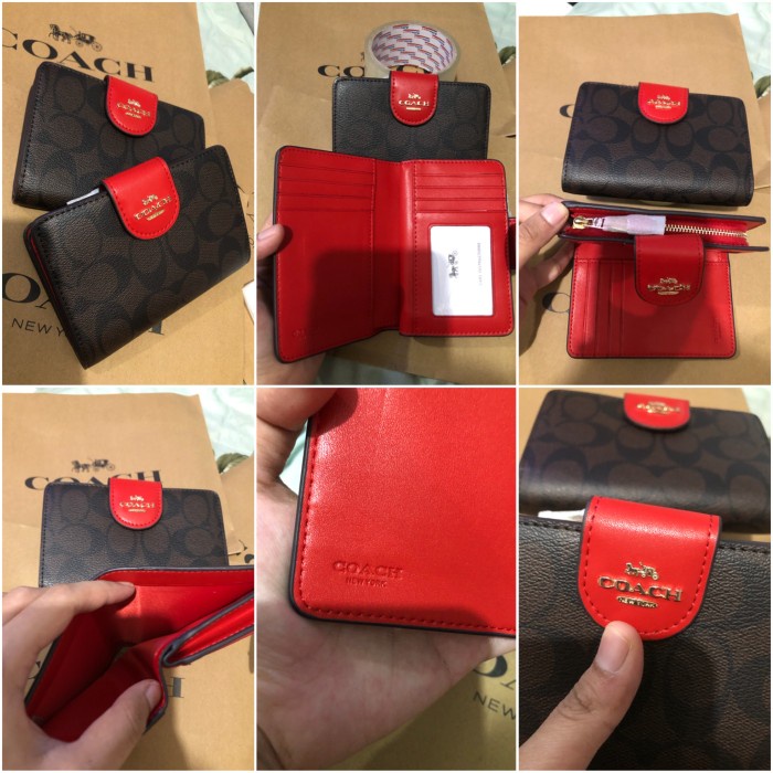 {RaditStore} [ORIGINAL] COACH Medium Corner Zip Wallet In Signature / Coach Wallet - Merah Limited