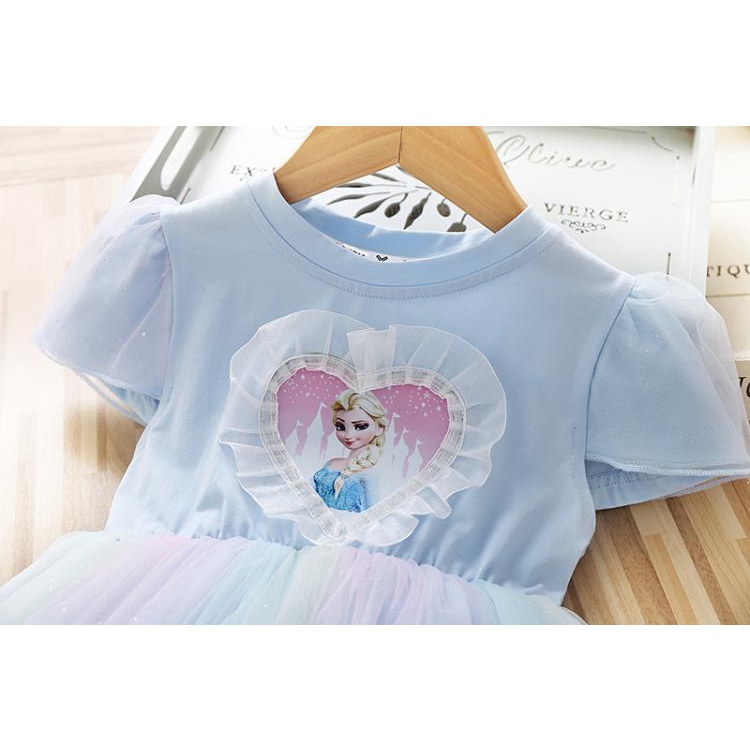 Anak Perempuan Frozen Elsa Dicetak Tulle Princess Dress Anak Lengan Panjang Elsa Gaun Pesta