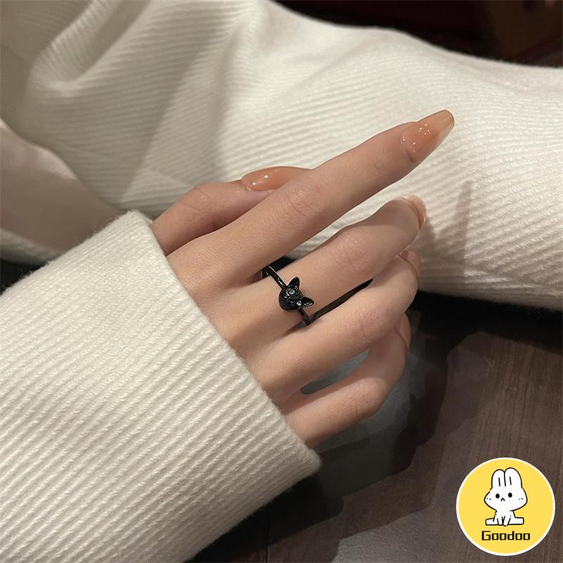 Cincin Kucing Hitam Wanita Trendi Desain Niche Cincin Jari Telunjuk Fashion Kepribadian Cincin -Doo