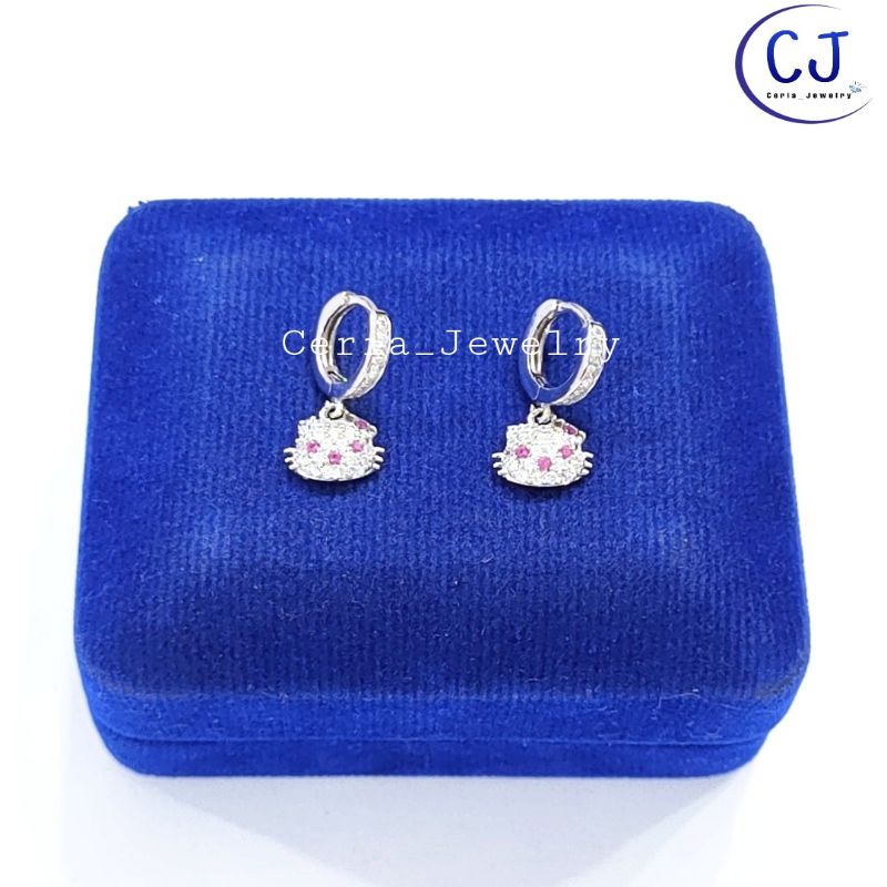 Anting Perak Asli Silver Dewasa/Anak 925 Lapis Emas Model Jepit Hello Kitty _ Perhiasan Perak Murni