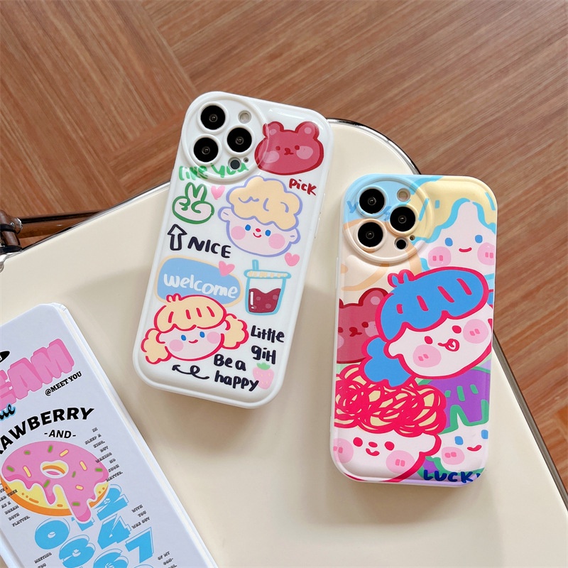 Soft Case Pelindung Penuh Desain Doodle Girl Tahan Banting Untuk Iphone 7 8 PLUS X XR XS 11 12 13 14 PRO MAX SE