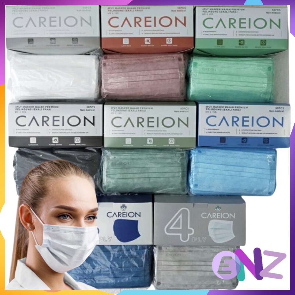 ENZ ® MASKER EARLOOP 4PLY 4 PLY CAREION EMBOSS PREMIUM HITAM PUTIH WARNA ISI 50 PCS UKURAN DEWASA 1002