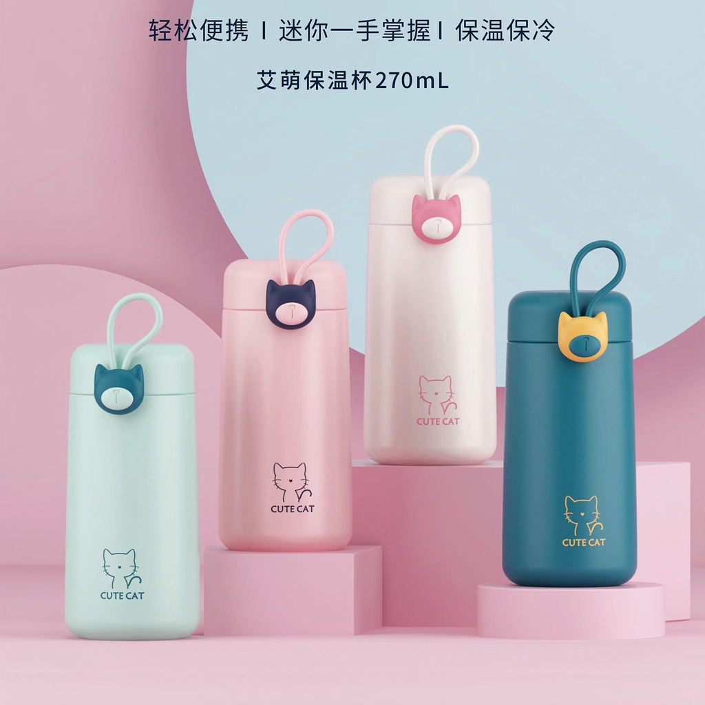 Thermos Termos Mini Gelas Cute Cat Kucing -  270 ml Botol Tumbler Kopi Teh Stainless Steel BPA Premium awet tahan lama Hitam Putih Pink Blue  Hadiah Gift Premium