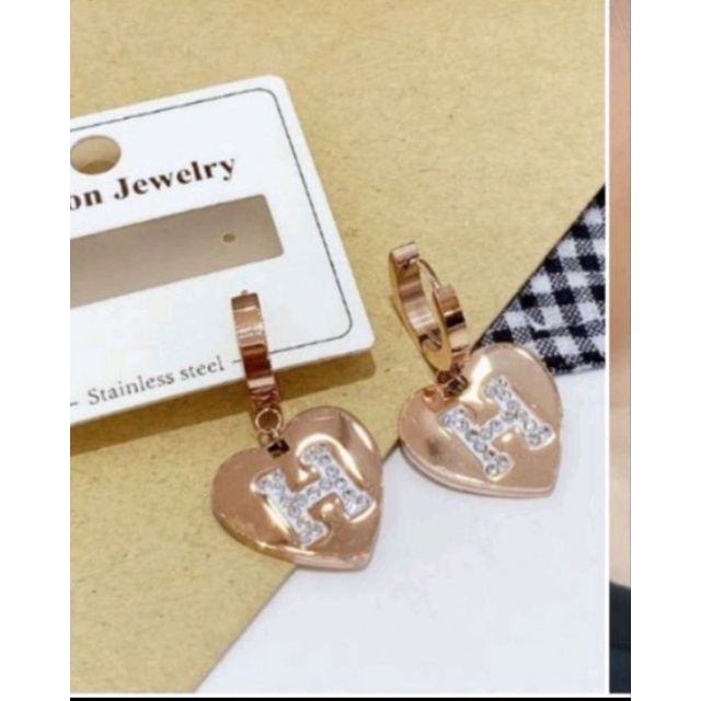 Anting Titanium Premium asli motif H Rosegold earring Stainless Steel anti karat anti alergi T-05