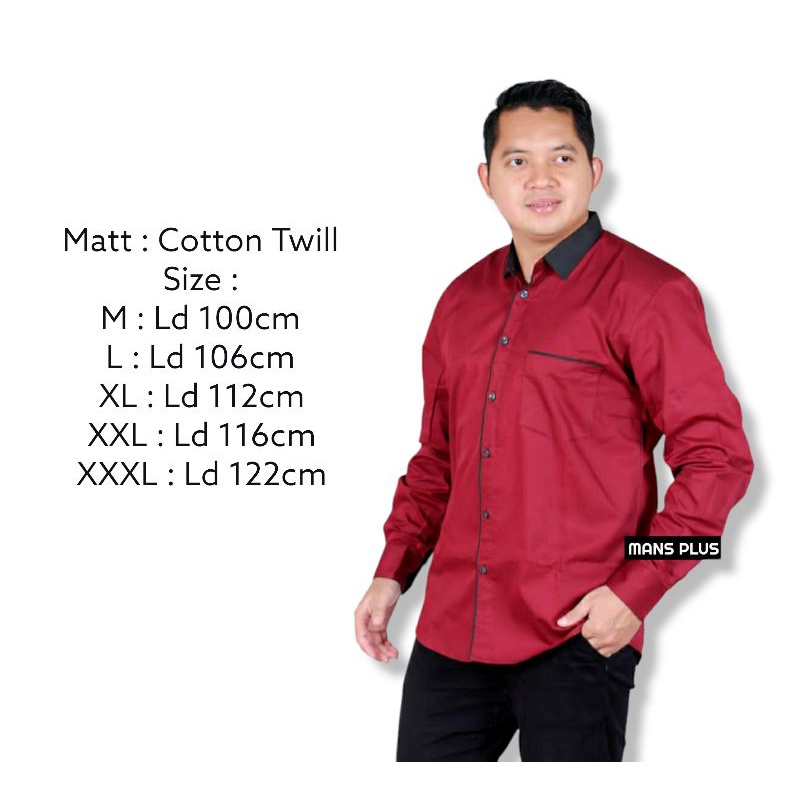 Kemeja Pria Merah Maroon Polos Kombinasi Lengan Panjang Ukuran M L XL XXL XXXL z4