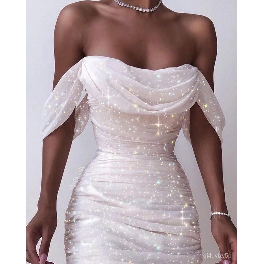 Jual Sexy Off Shouder Women Dress Glitter Sequin Summer White Dresses — free download