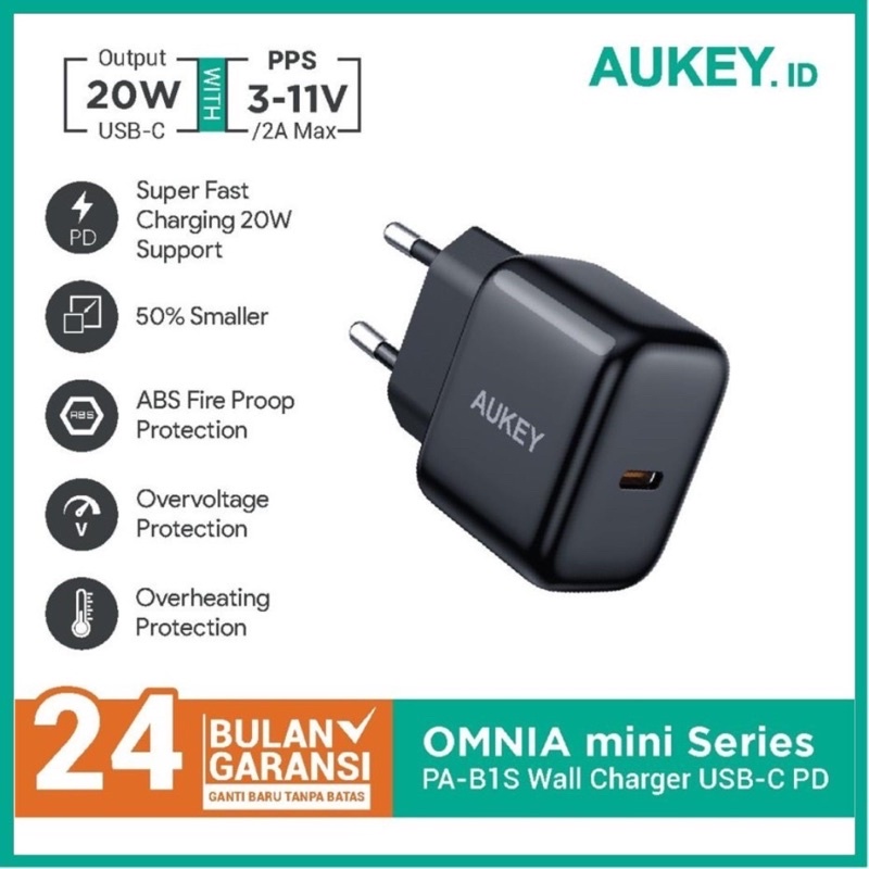 Wall Charger Aukey PA-B1S Omnia Mini Series USB-C PD 20W - 500852 | Adaptor Cas Aukey Fast Charging 