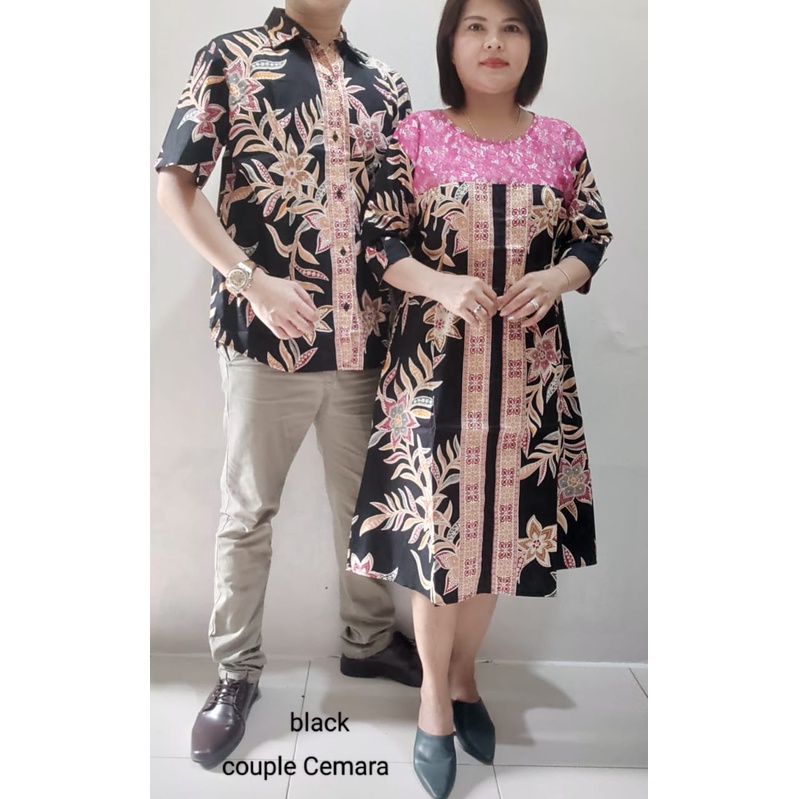 pakaian couple pria dan wanita.kemeja dan dress kombinasi brukat  batik new cemara.katun stretd prem