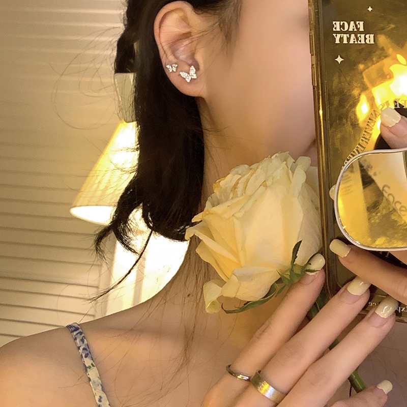 Papaozhu 6 Pcs Korea s925 Perak Bersinar Kristal Kupu-Kupu Mutiara Stud Anting Set Untuk Wanita Perempuan Pertunangan Pesta Pernikahan Elegan Telinga Set Perhiasan