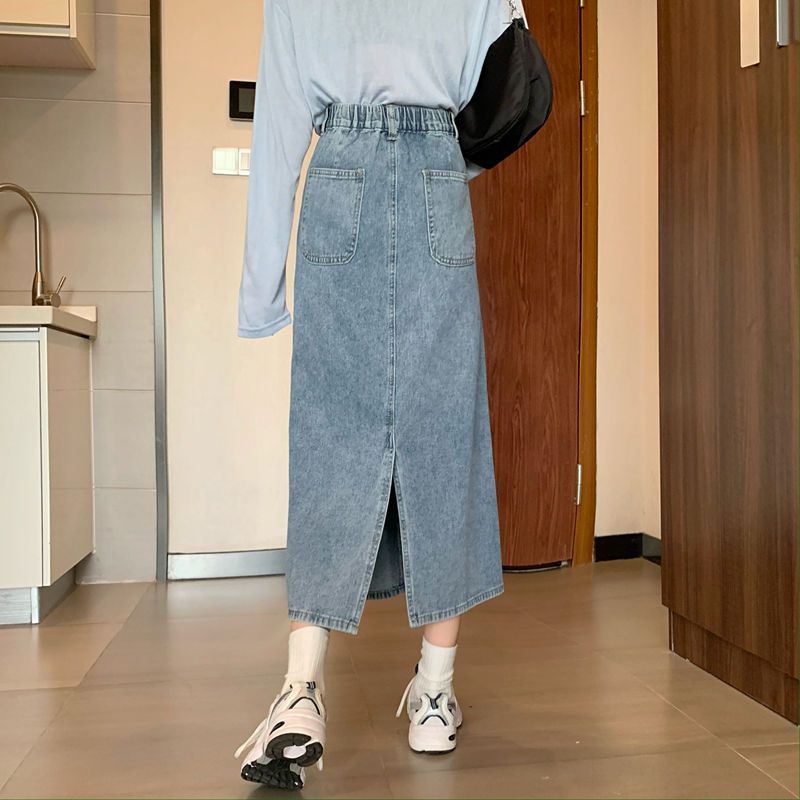 Korean style rok denim/biru muda mid length skirt/skirt pakaian wanita