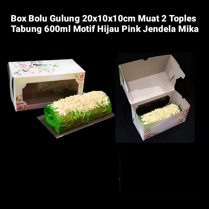 

kardus packaging bolu gulung kotak hampers 2 toples tabung 600 ml box kemasan roll cake dus motif flower hijau pink jendela mika