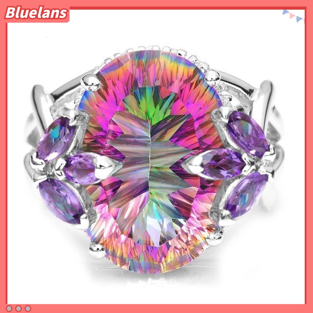 Bluelans Glitter Flower Bud Rainbow Rhinestone Inlaid Ring Bridal Engagement Jewelry Gift