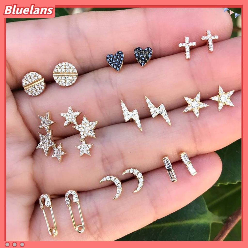 9 Pasang Anting Stud Geometris Bahan Alloy Untuk Dekorasi Ulang Tahun Wanita