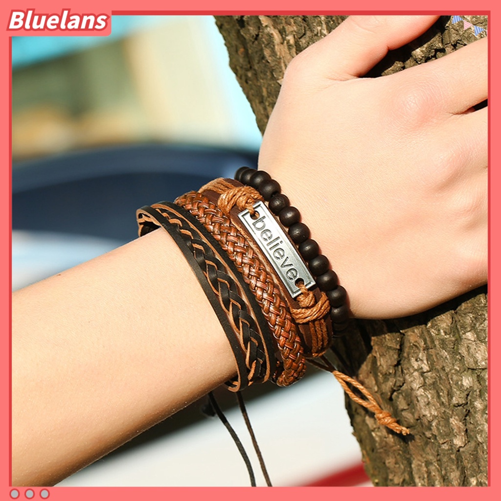 Bluelans 4Pcs Men Fashion Adjustable Faux Leather Braided Rope Believe Letters Beaded Bracelet