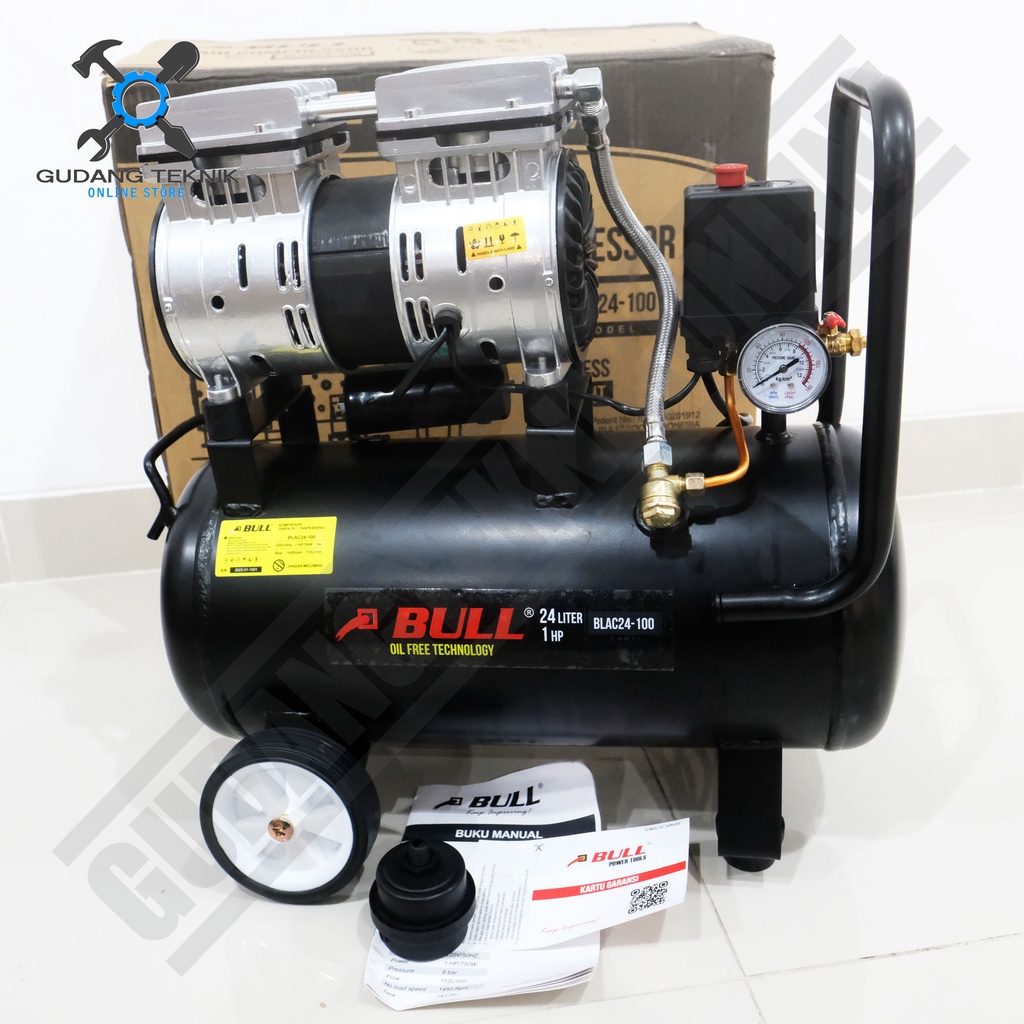 Kompresor Angin Tanpa Oli 24L BLAC24-100 BULL 1HP / Air Compressor Oilless BLAC 100 24 Liter BULL