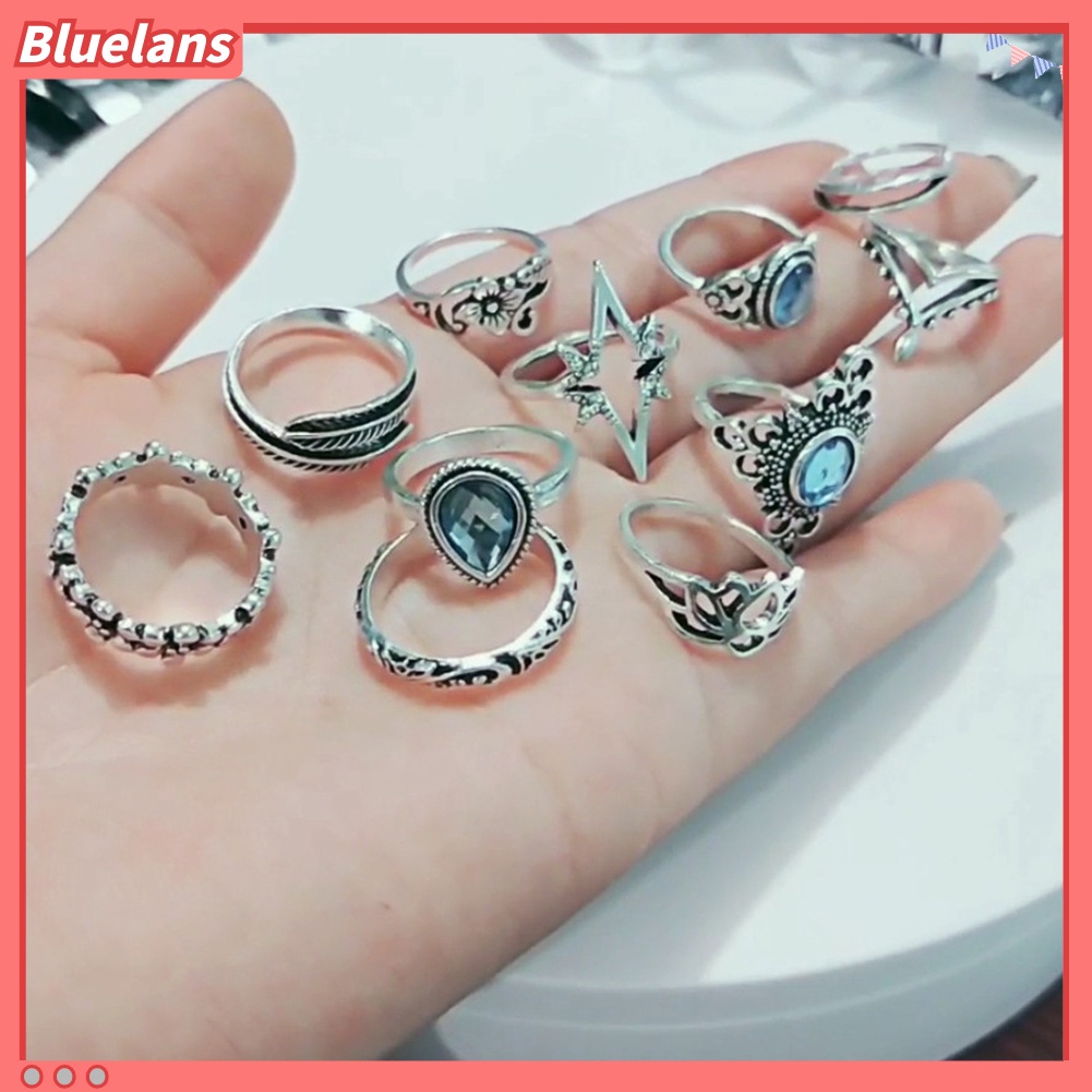 Bluelans 11Pcs Women Retro Hollow Rhinestone Knuckle Midi Finger Tip Stacking Joint Ring