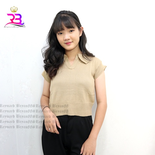 PREMIUM-Atasan Crop Top Kerah polo Rajut  / T-shirt Korean Vneck Kra Wanita