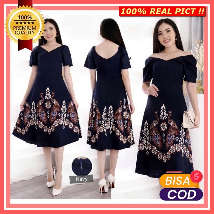 Baju Dress Pesta Natal Wanita Remaja Dewasa Casual Party Dres Kor Si69 Dress Batik N700 Navy