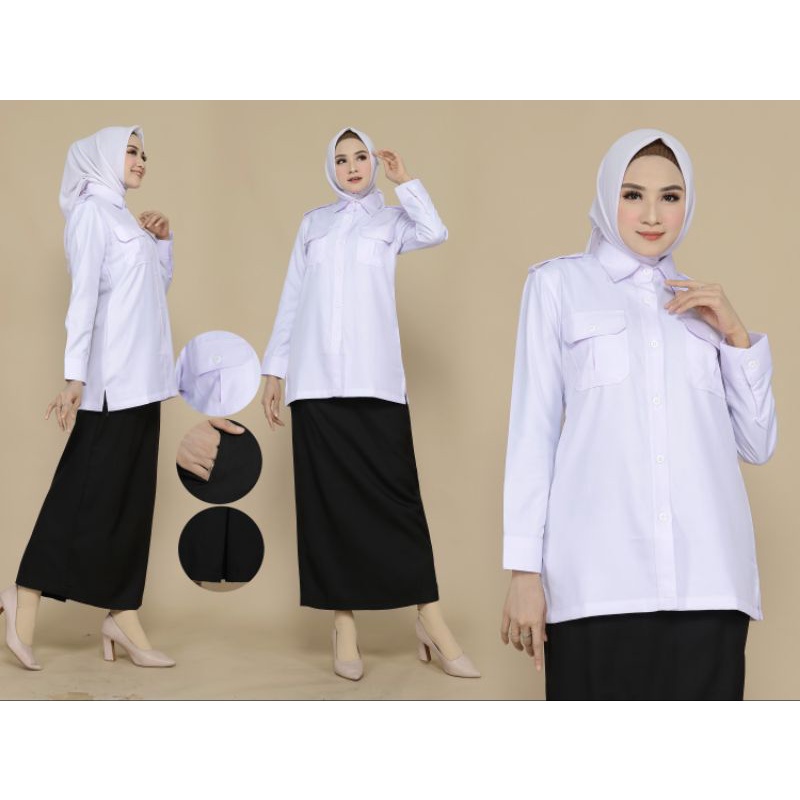 SERAGAM DINAS ASN / BAJU DINAS ASN /ATASAN PUTIH KANTONG DUATANPA FURING  KRAH KEMEJA TANPA FURING SETELAN ROK A HITAM / ROK SPAN HITAM / CELANA HITAM FREE HIJAB