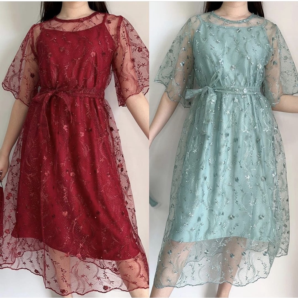 Baju Dress Pesta Wanita Model Terbaru Kekinian Kondangan Imlek Natal Pesta Brukat Selutut Dress DEAL