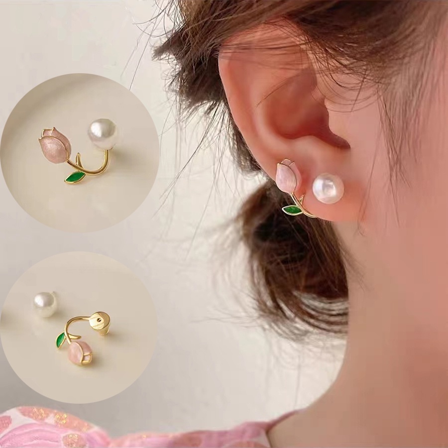 IFYOU Anting Stud Bentuk Tulip Aksen Mutiara Gaya Vintage Korea Untuk Wanita