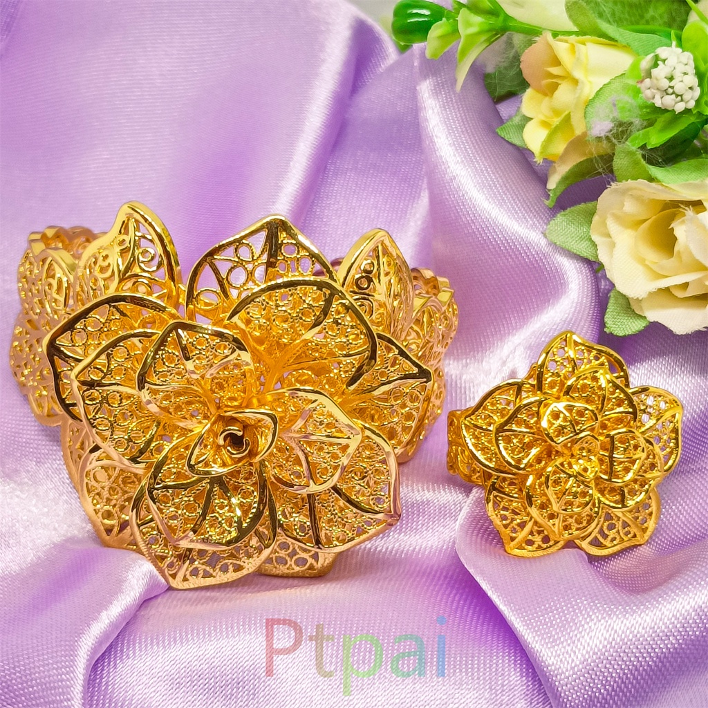 Satu set Gelang Kendari Dan cincin xuping perhiasan lapis Emas 24k Dubai bangle gold