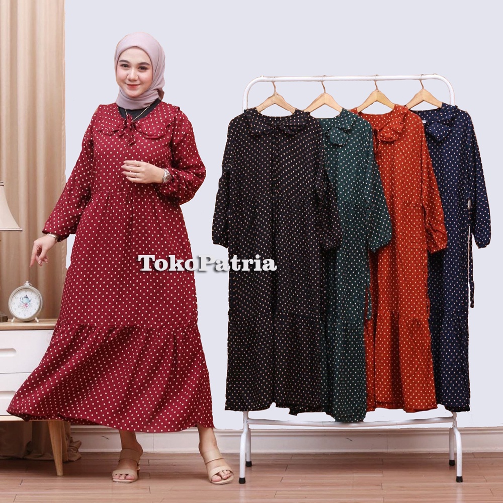 Daster Longdress Muslim Kekinian Lengan Panjang Rempel Tali Samping Rayon Premium Motif Polkadot