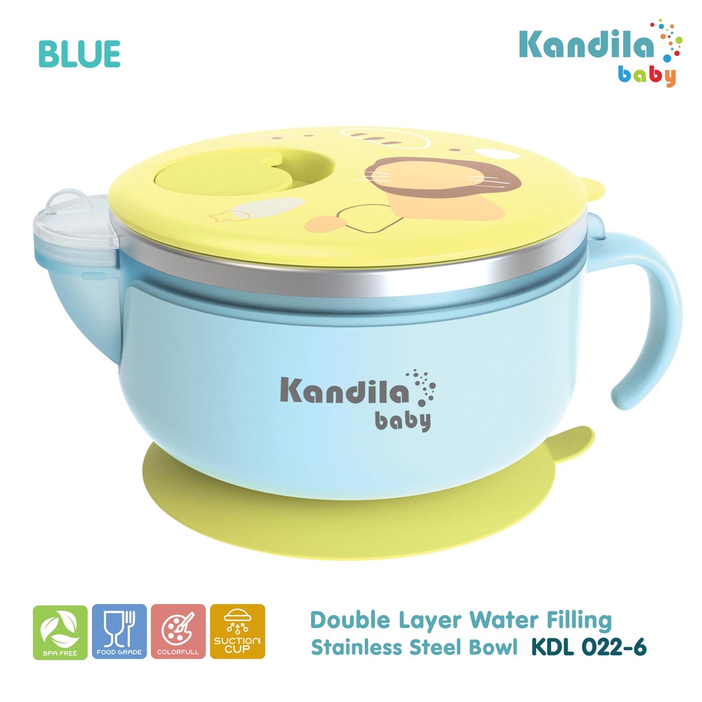 Kandila Baby KDL022-6 Double Layer Water Filling STainless Steel Bowl WIth Spoon &amp; Fork - Mangkok Makan Bayi