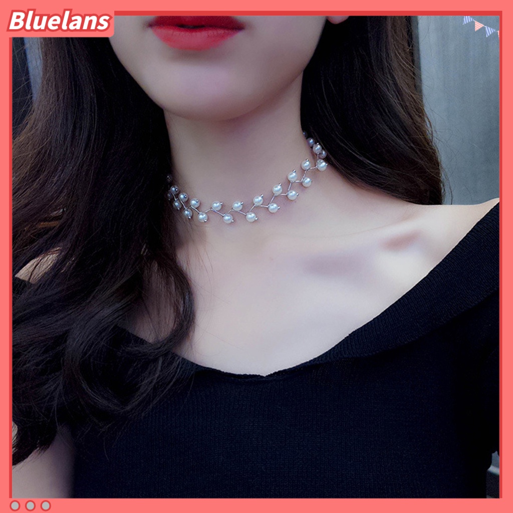 Bluelans Kalung Choker Rantai Klavikula Hias Liontin Mutiara Tiruan Untuk Wanita