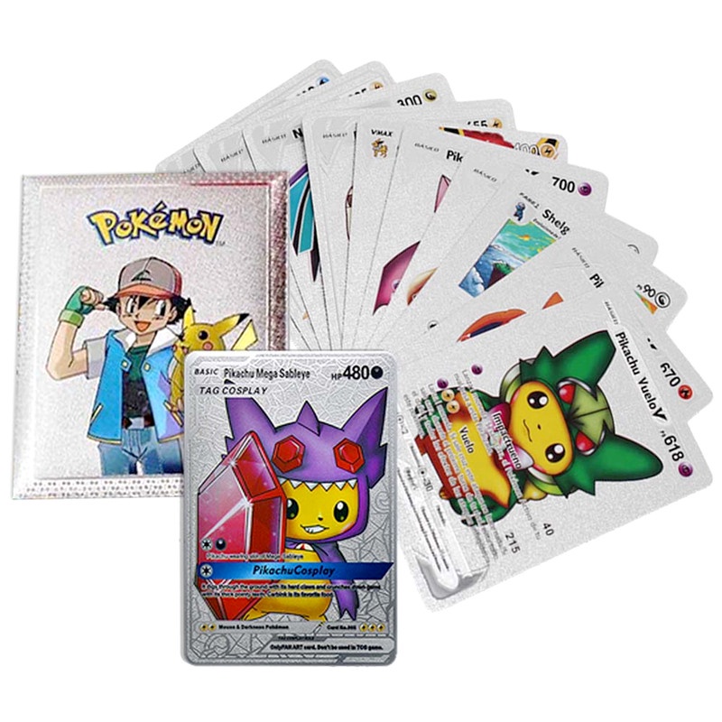 10pcs / Kotak Kartu Permainan Pokemon Vmax TAG Charizard Pikachu Battle Trainer Energy Bahan Metal Untuk Anak