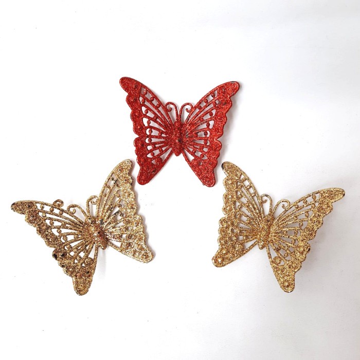 Hiasan Natal Kupu Kupu Dekor isi 3 Hiasan Parcel Pohon Natal Butterfly Merah Gold Harga Grosir Termurah