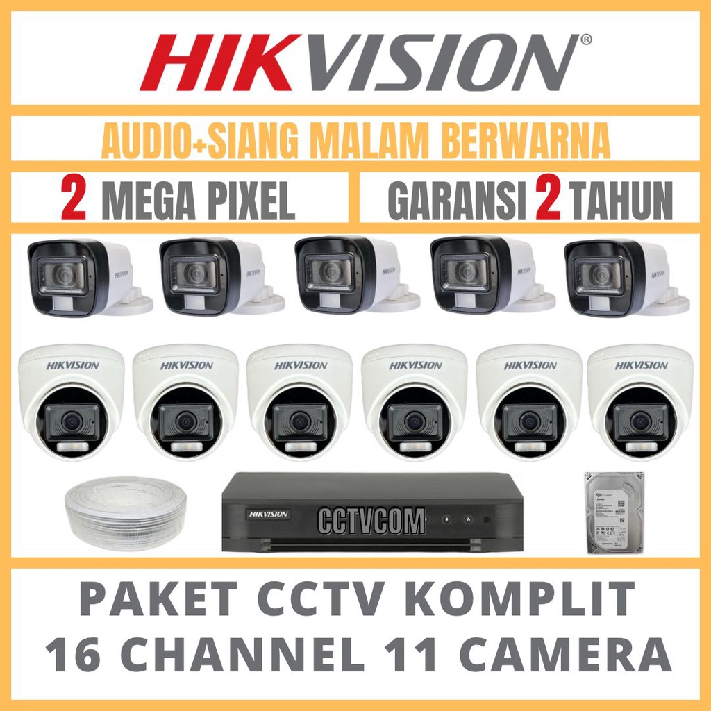 PAKET CCTV HIKVISION COLORVU 2MP 16 CHANNEL 11 CAMERA COLORFULL