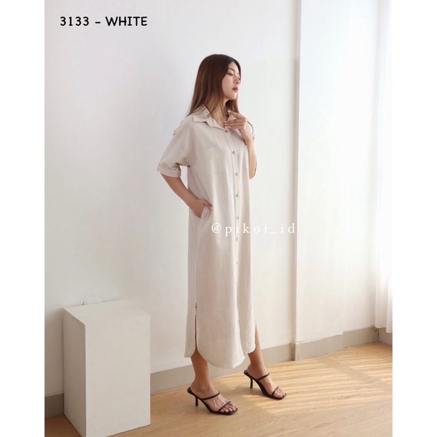 Loose dress wanita katun linen / dress wanita busui full kancing / oversize kemeja dres panjang 3133