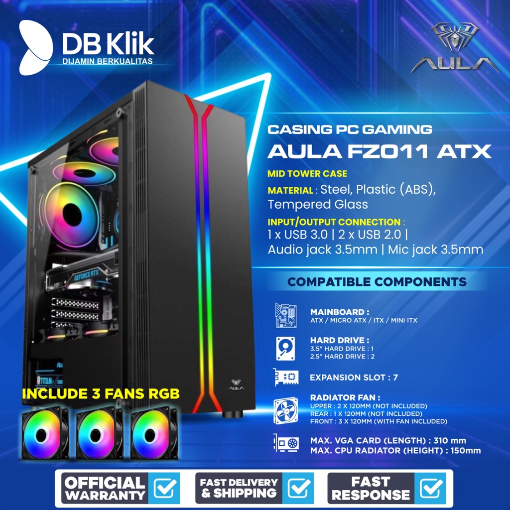 Casing PC Gaming AULA FZ011 ATX include 3 Fan RGB - Casing AULA FZ 011
