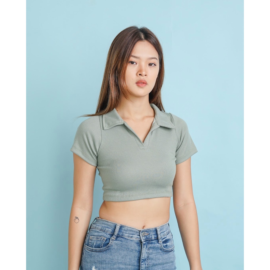 CAVALU Kaos Kerah Polo Shirt Wanita Knit Crop Top Korea Kaos Wangky 031