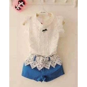 Baju Setelan Kutung Brokat Anak Cewek Impor Atasan Putih Celana Biru