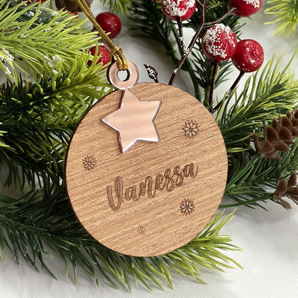 Gantungan Natal Christmas Ornament Custom Nama Grafir Kayu Akrilik Silver Gold Rosegold Fancy Plywood Kado Gift