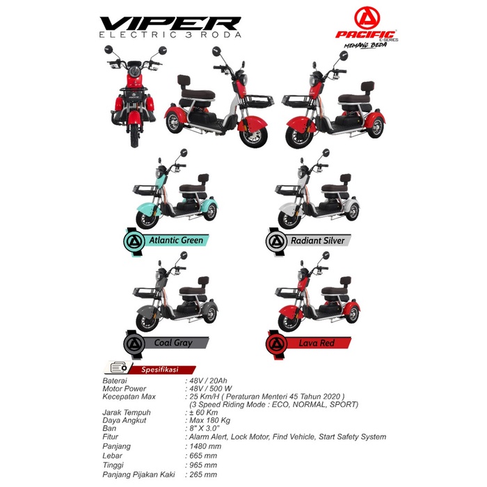 PACIFIC VIPER SEPEDA LISTRIK RODA 3 GARANSI RESMI PACIFIC TERMURAH