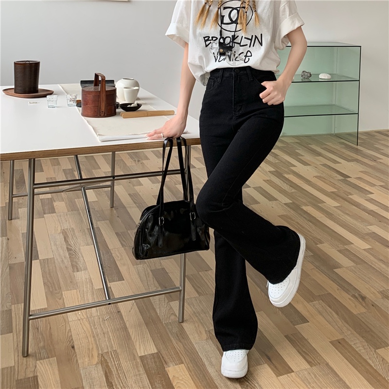 Highwaist Hitam Straight Celana Jeans Panjang Wanita / Korean Fashion Kasual Celana Cutbray Wanita