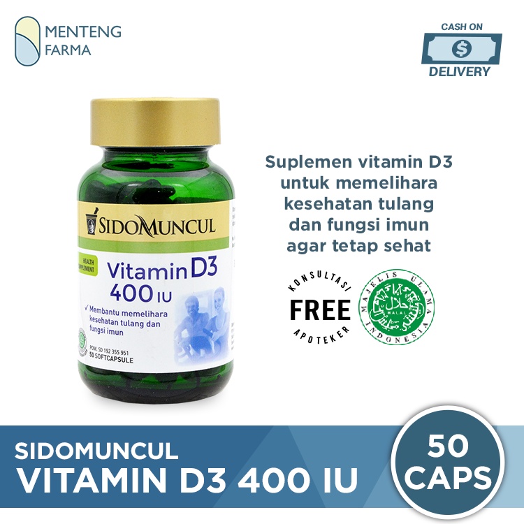 Sido Muncul Natural Vitamin D3 400 IU 50 Kapsul Lunak - Vit D3 400 IU Kesehatan Tulang dan Imun