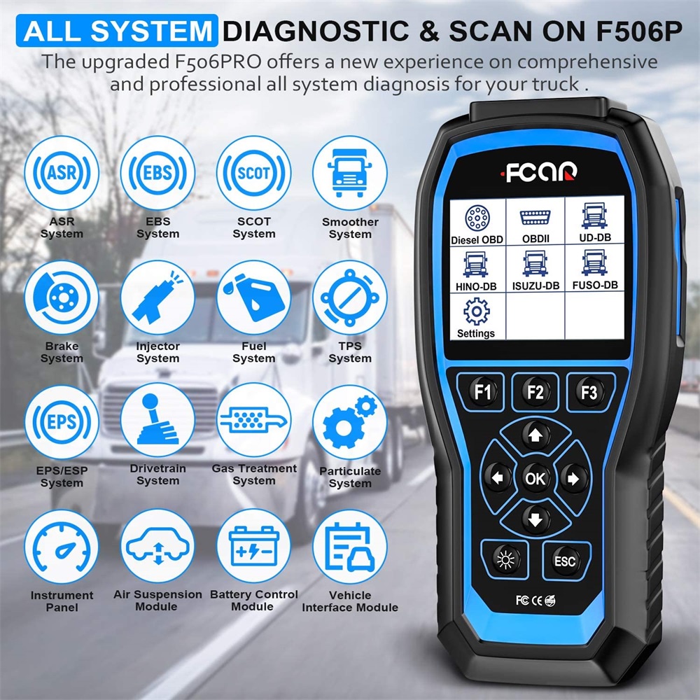 FCAR F506 Pro 12V &amp; 24V 2in1 Heavy Duty Truck Scanner Diesel Truck Scanner OBD2 Scanner Car Diagnostic Tool Full System Diagnostics With DPF Regeneration And Oil Reset